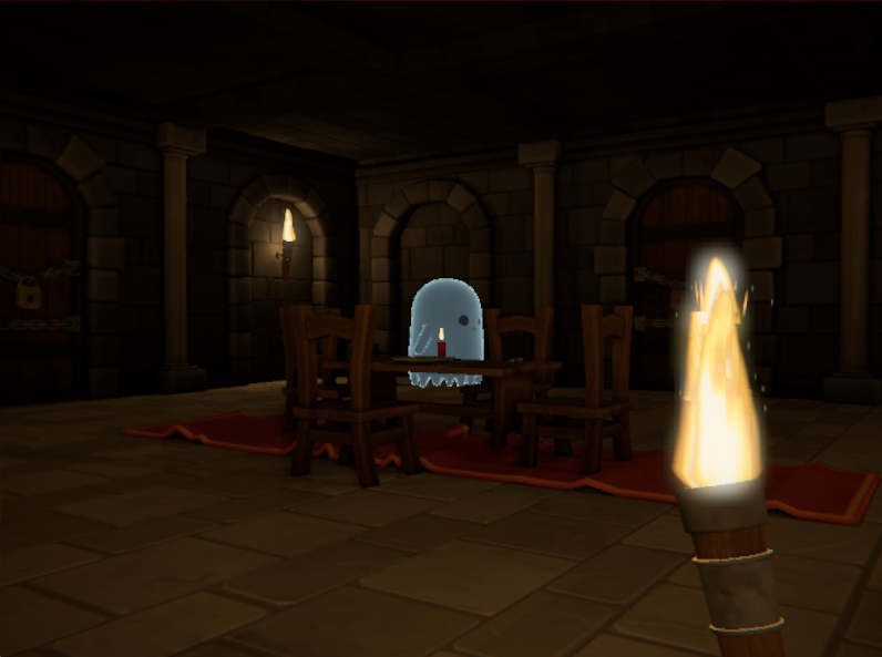 A ghost hovering over a candlelit table in a vaulted stone hall, seen past the player's burning torch