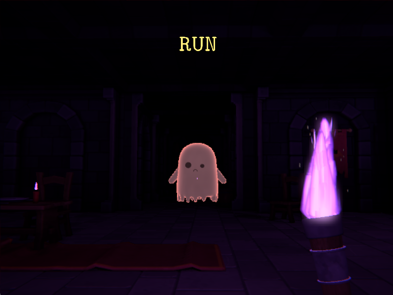 A ghost hunting the player down a dark corridor, the torch flame turned violet and RUN written across the screen
