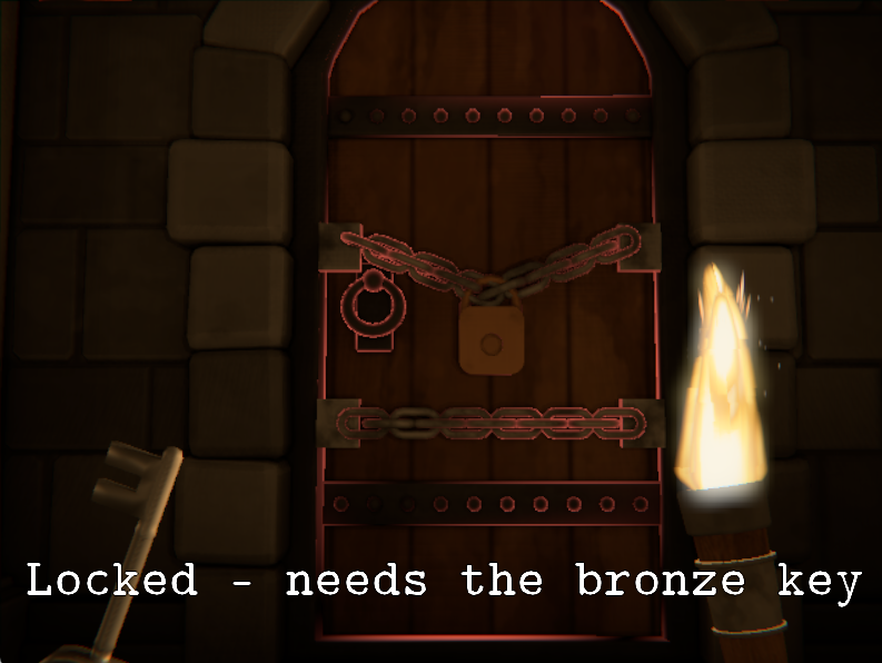 A chained, padlocked door with the prompt "Locked - needs the bronze key", the player holding a key and a torch