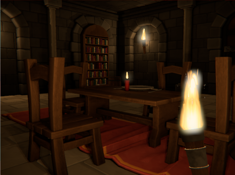 A dining table with a red candle in front of a bookshelf alcove, lit by the player's torch and a wall sconce
