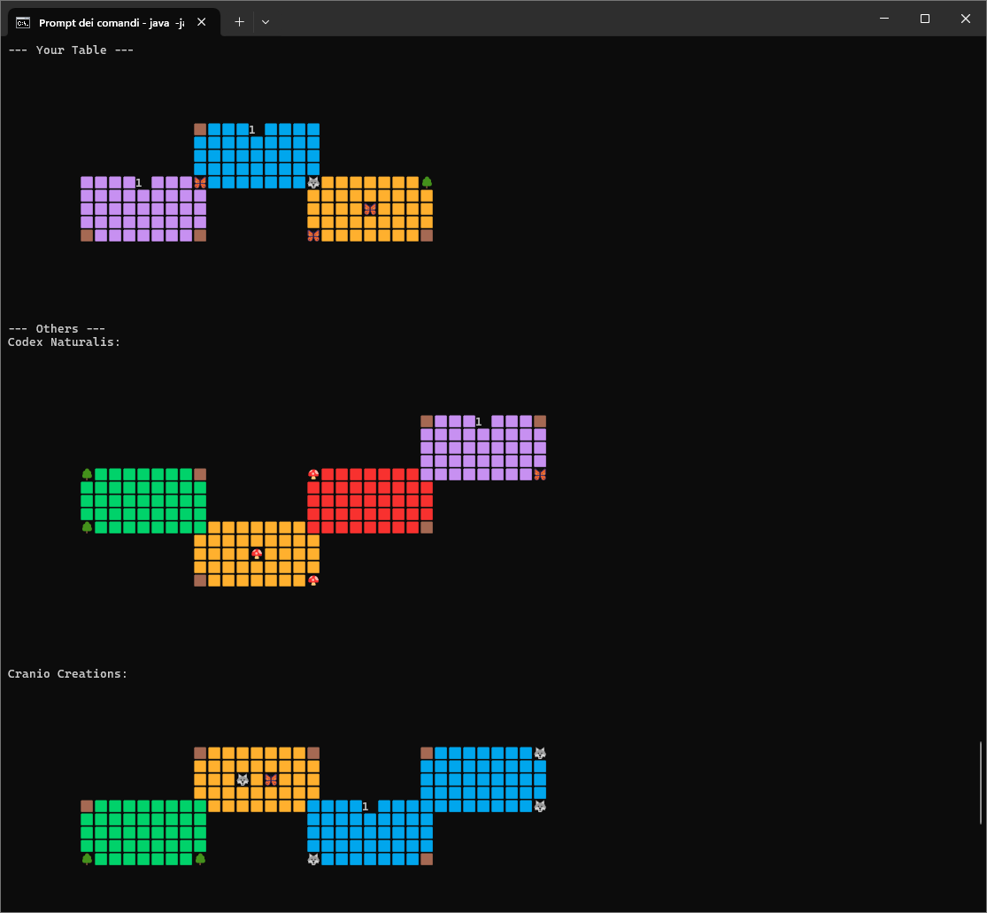 The terminal client rendering the game board with colored Unicode blocks