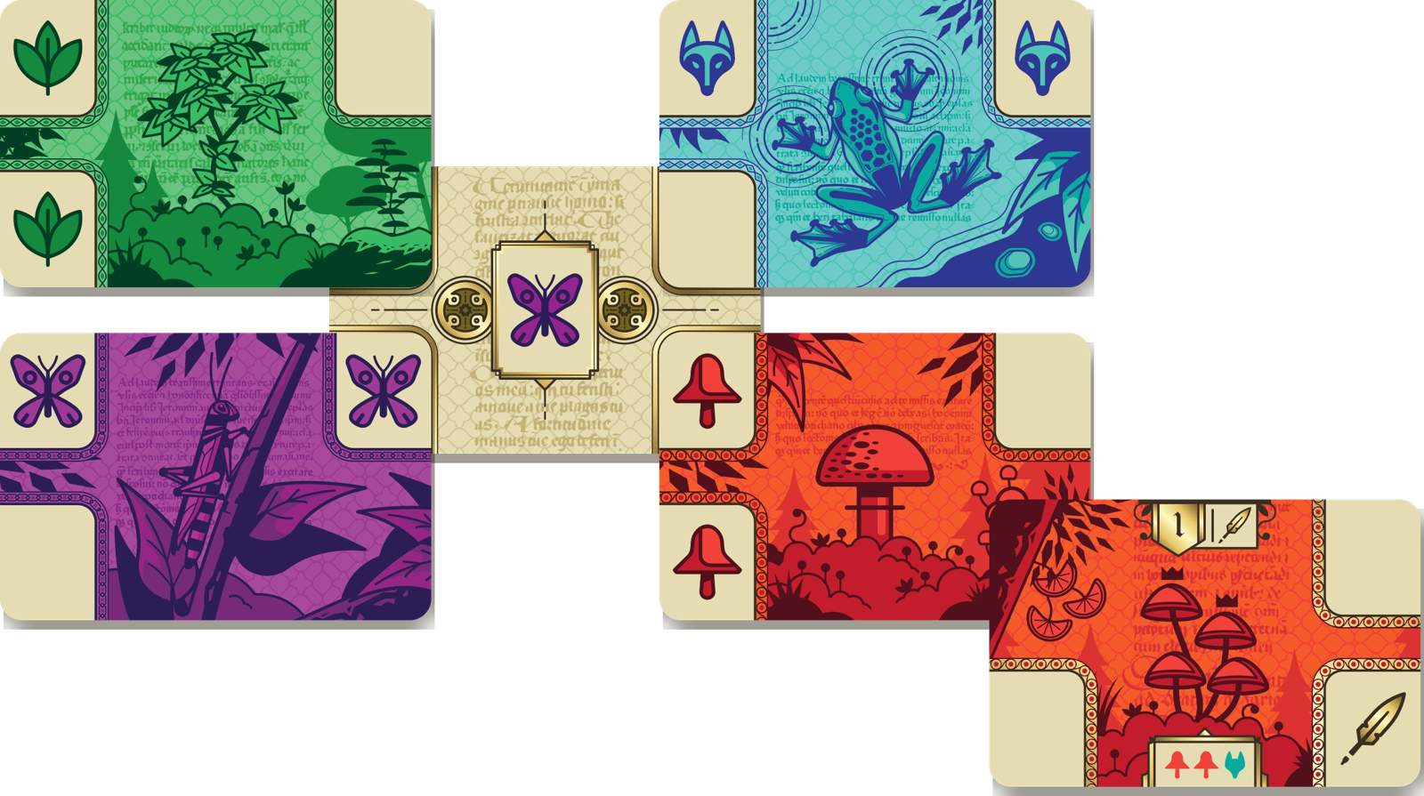 Six real game cards overlapping at their corners: a starter card in the middle with a plant, animal, insect and fungi card tucked into each corner, and a gold card chained on beyond