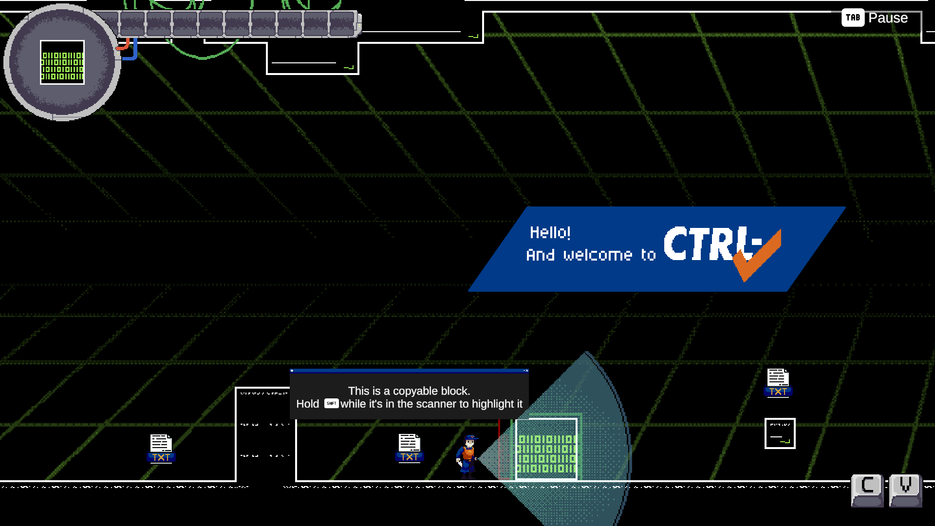 Opening level: the player character stands on a dark green wireframe grid next to a highlighted block of binary, with a tutorial box explaining how to copy it