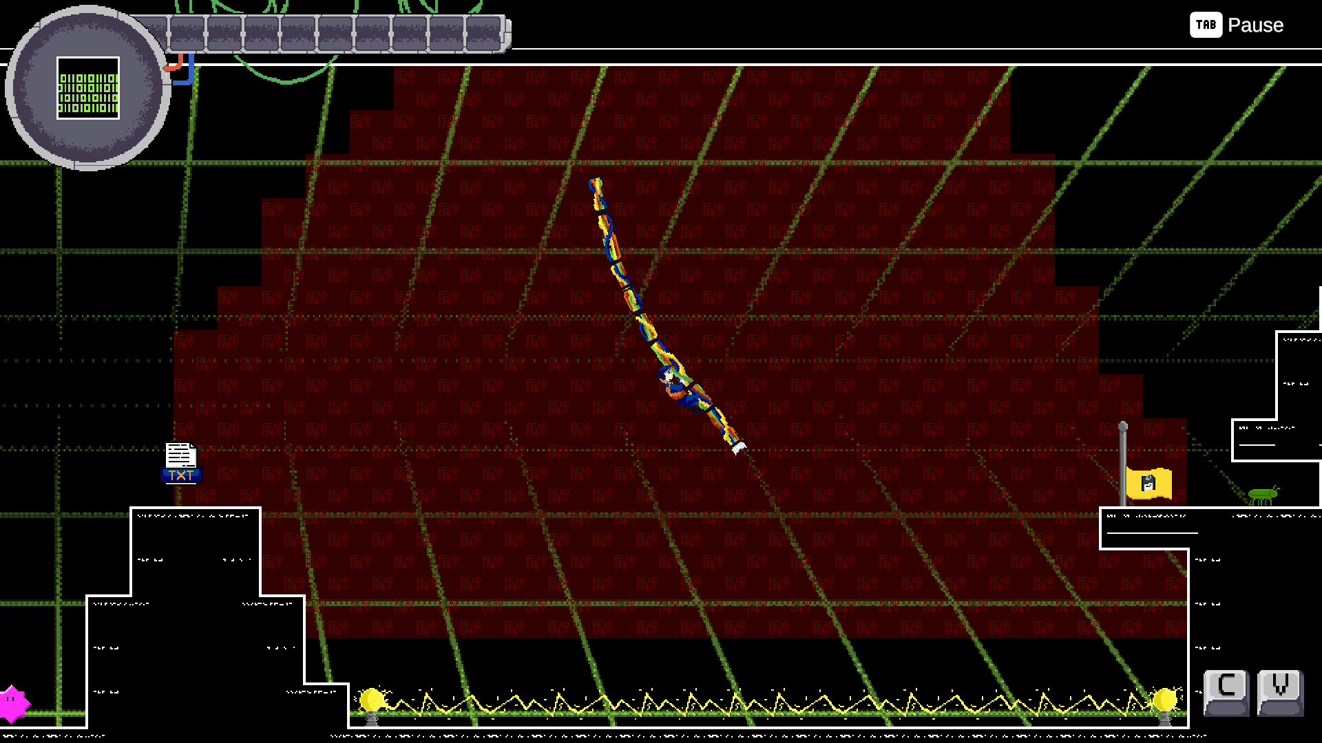 A later level: the character glitches through a deep red read-only wall, with a spike floor below and a save-icon flag marking the exit